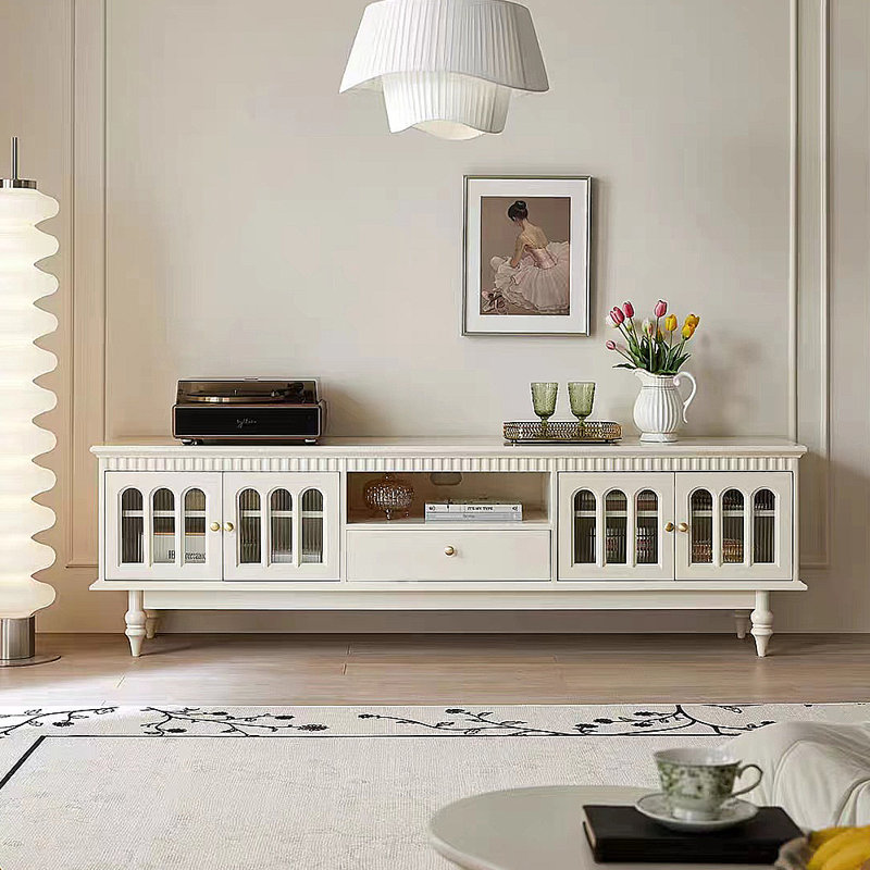 Meuble télé de style américain avec rangement rétro, H 24,41 po x L 82,68 po x l 15,75 po, Crème, crème