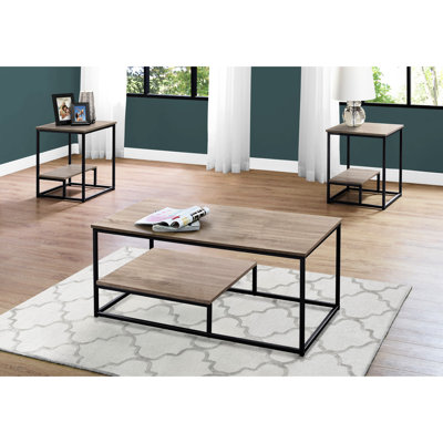 Modern 3Pcs Table - Coffee And 2 End Tables, Taupe Laminate Finish, Black Metal Details, Living Area 3 For Room: Coffee, & Side Tops, Raised Shelf, Details