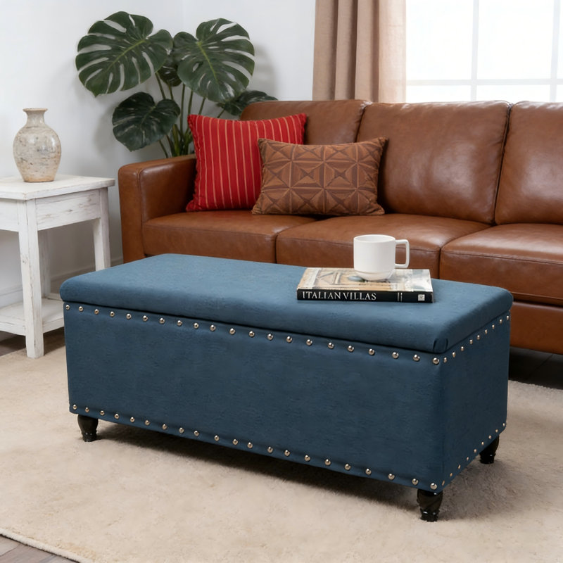 Repose-pieds de rangement de 42 po de large avec dessus et pieds en bois