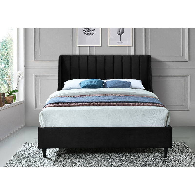 Eva Upholstered Low Profile Platform Bed, Queen, Black Velvet