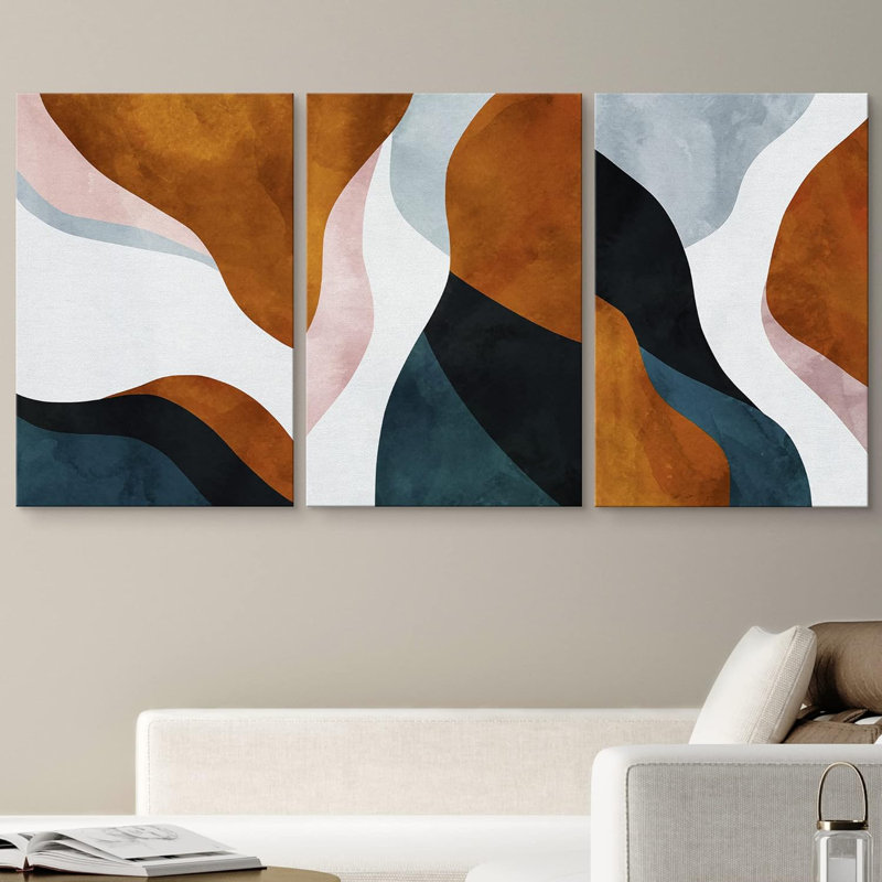 «Mid Century Shape», impression géométrique sur toile abstraite encadrée brune et bleue 3 pièces, H 24 po x l 48 po