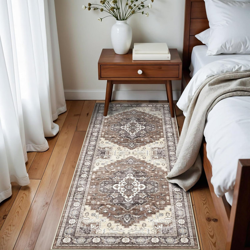Washable Entryway Runner Rug: Vintage Indoor Non-Slip Ktichen Floor Mat Soft Stain Resistan Carpet for Bedroom Bathroom - Eco-Friendly Design for Families with Kids(Brown)