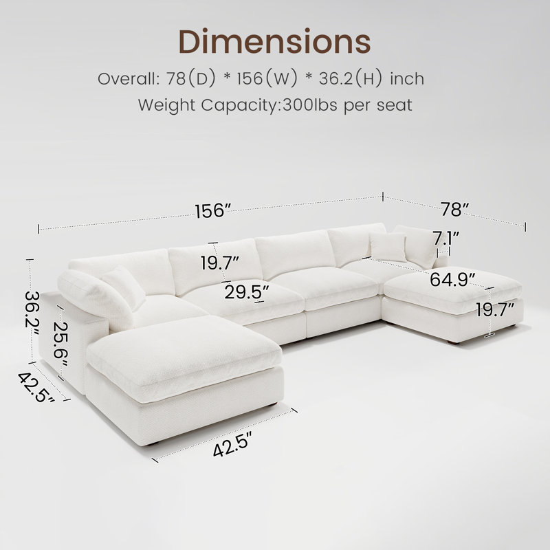 Abramson White U-shaped Chenille Modular Symmetrical Cloud Sofa, White Chenille, 36.2" H x 156" W x 78" D