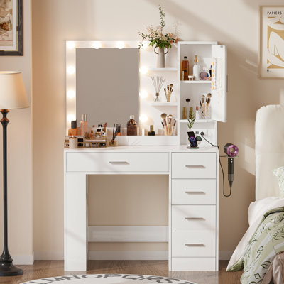 Vanity Desk With Mirror, Led Lights And Power Outlet Makeup Vanity Table With Drawer & Storage Shelves