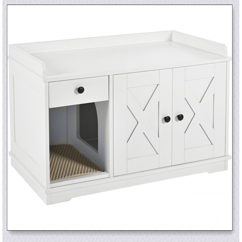 Enceinte de litière pour chat GO, meubles de litière cachés avec tapis de litière pour chat, table d'appoint pour chat avec tiroir, table d'appoint de style campagnard pour le salon, blanc