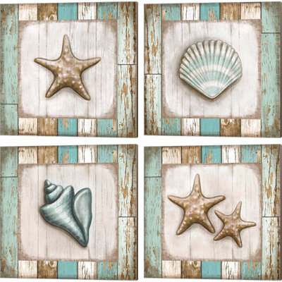 " Starfish On Beach, Shell, Turquoise Seashell & Two Starfish " 4 - Pieces