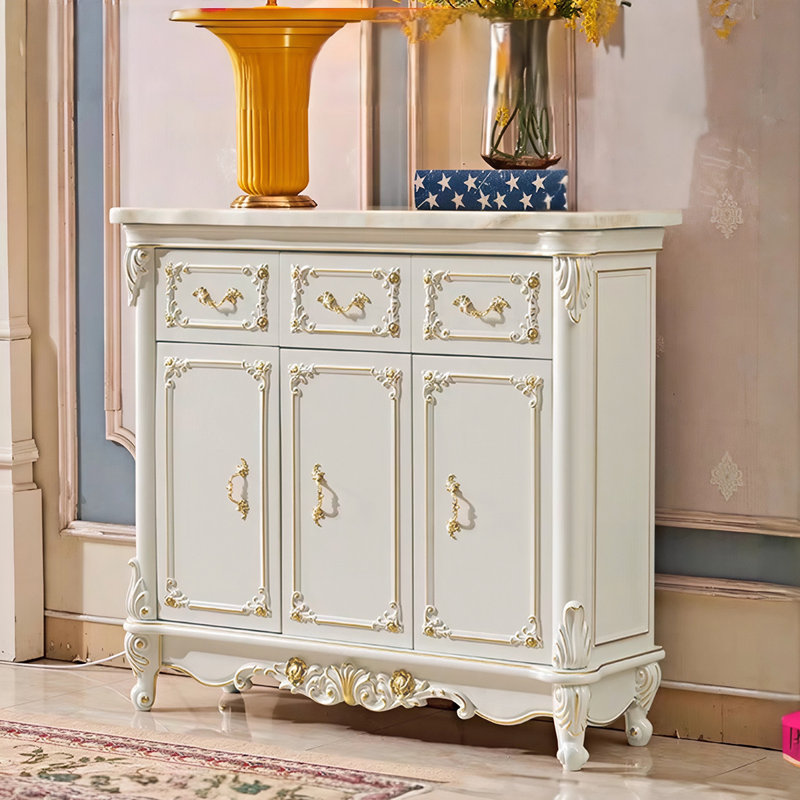 Banc de rangement pour chaussures blanc + marbre doré + bois massif + bois manufacturé