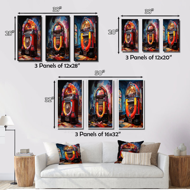«Jukeboxes Nostalgic Melody», 3 pièces sur toile, Toile tendue, H 20 po x l 36 po