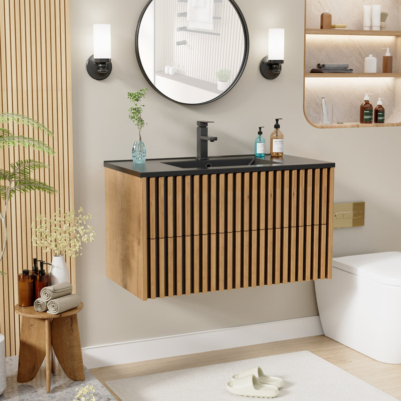 Ensemble de meuble-lavabo simple 36 po avec lavabo noir, robinet et armoire flottante Modern Farmhouse, Chêne