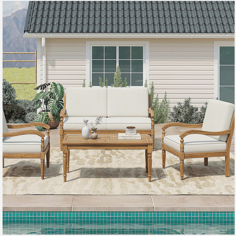 4 Piece Sofa Seating Group with Cushions, Outdoor Acacia Wood Patio Seating Group,Natural+Beige