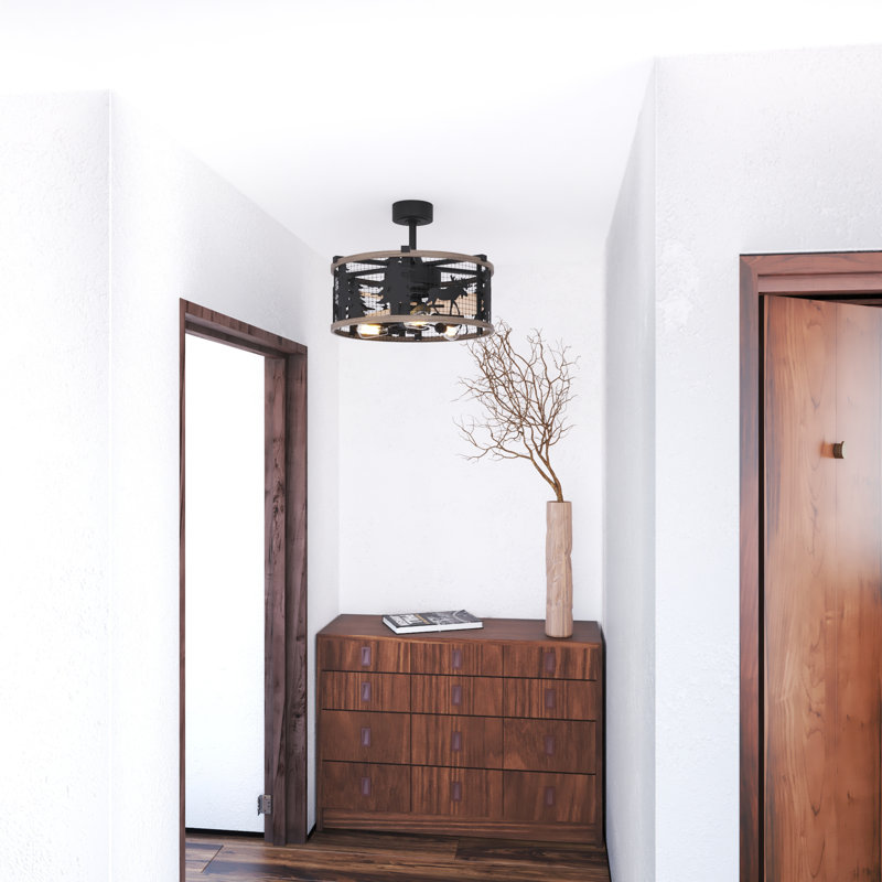 Anya 21 in. Oil Rubbed Bronze and Burnished Teak Indoor Rod Mount Rustic Fandelier Ceiling Fan with Anigre Blades, Dimmable LED Light Kit and Remote Control Included, 3 Speeds, Caged Drum Shade