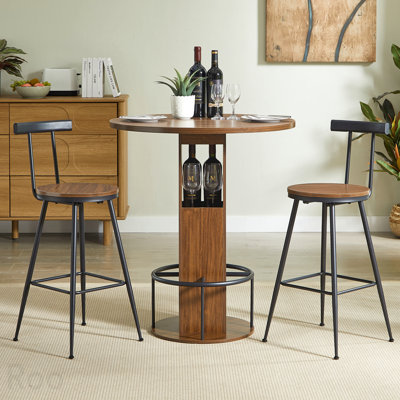 Ensemble de table de bar et tabouret 3 pièces 31,5 pouces Table de bar ronde avec deux tabourets Bar de salle à manger en bois compact avec repose-pieds en métal idéal pour les restaurants, les cafés, les bars, les salons et les petits espaces, noyer