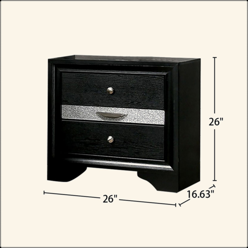 Table de chevet 3 tiroirs en bois avec boutons ronds en étain, Noir