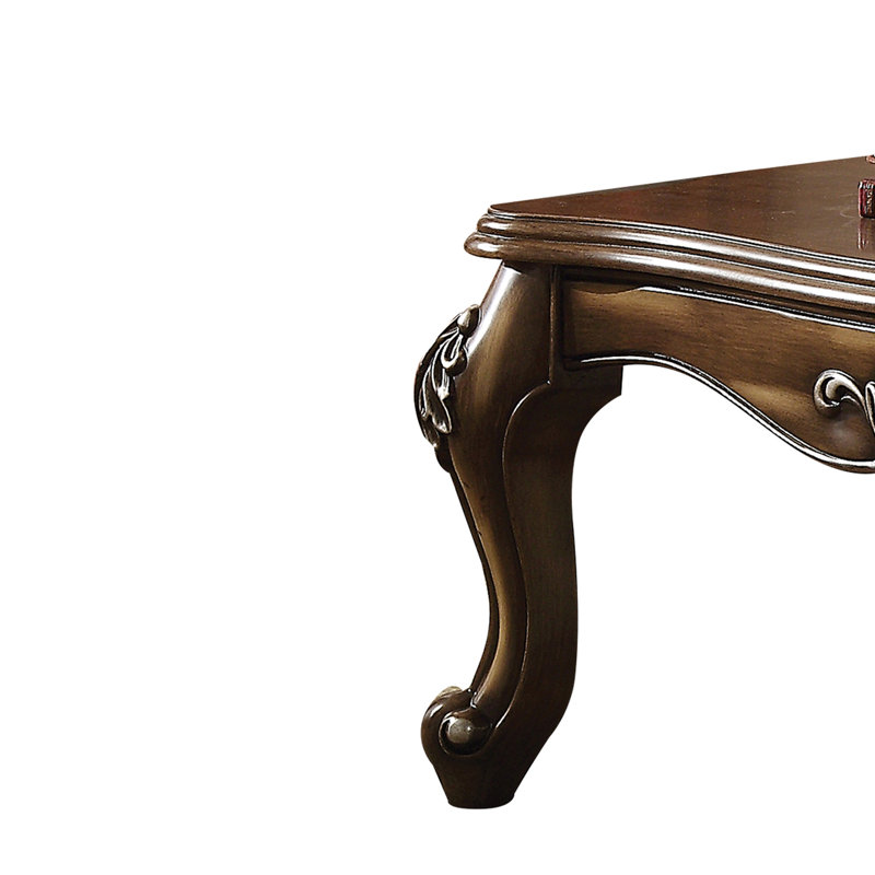 Rectangular Coffee Table Of Antique Oak With Queen Legs, Suitable For Decor Adornment, Scalloped Wood Top Finish, Support, 20 Inches In Height, 57 Width, 35 Depth Featuring Ideal Beverage