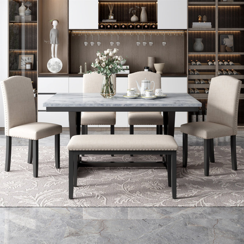 Table de salle à manger de style moderne 6 pièces avec 4 chaises et 1 banc, table avec placages marbrés et pieds en V