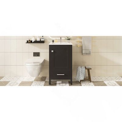20-Inch Modern Bathroom Vanity With Ceramic Sink, Soft-Close Drawer & Door, Double-Layer Door Organizer, Divider Drawer, Adjustable Foot Pads – Space-Saving Storage Design