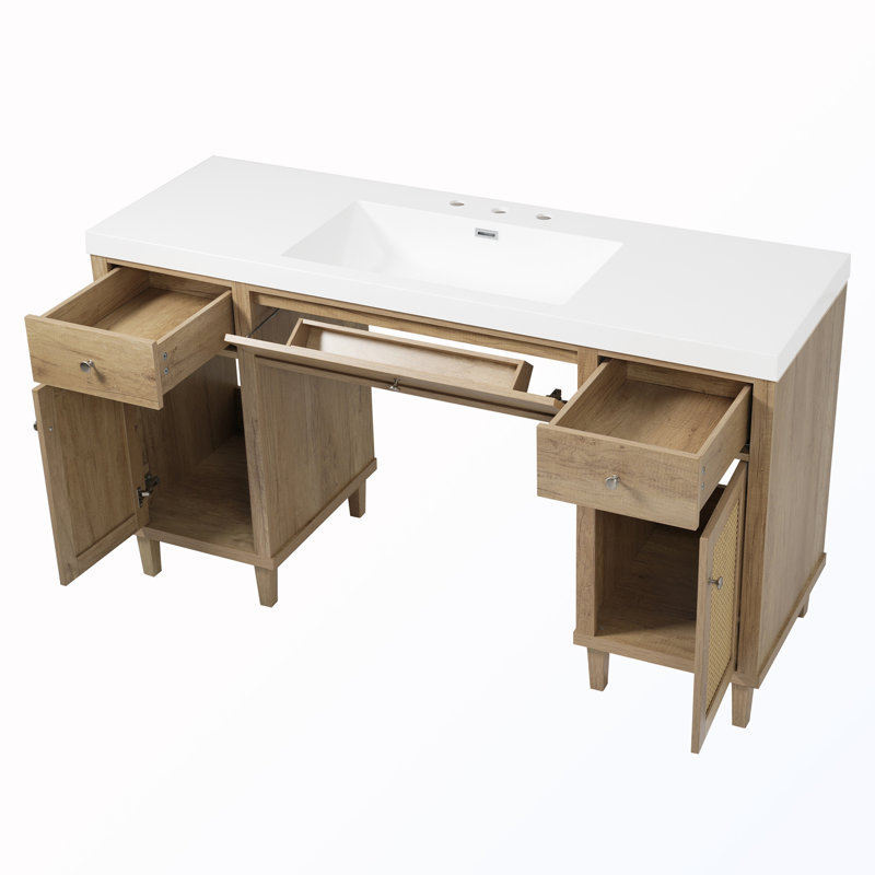 Rangement autoportant pour salle de bain avec lavabo et plateau basculant, Naturel