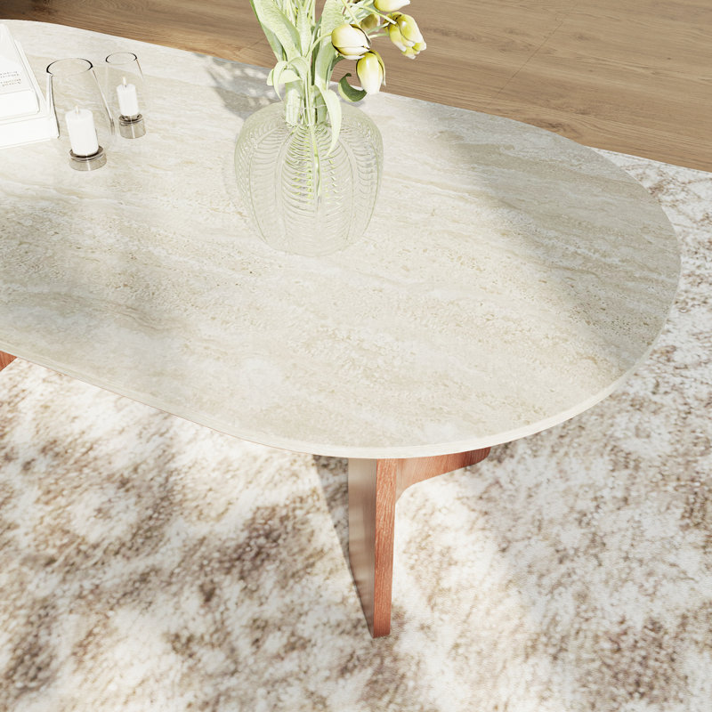 Table basse 47 po à texture ovale en travertin, plateau en pierre écologique avec pieds en bois massif - Table polyvalente résistante aux éclaboussures pour les petits salons, adaptée aux enfants et aux animaux domestiques