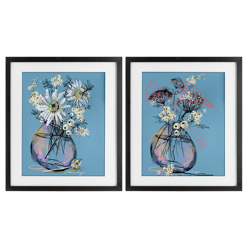 «Daisies & Snowberries Vase», ensemble de 2 impressions sous verre encadrées, design par Susan Lugar, H 16 po x l 13 po