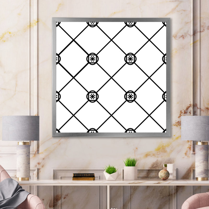 Carreaux de diamant géométrique noir et blanc - Impression sur toile, H 16 po x l 16 po, Cadre photo argenté