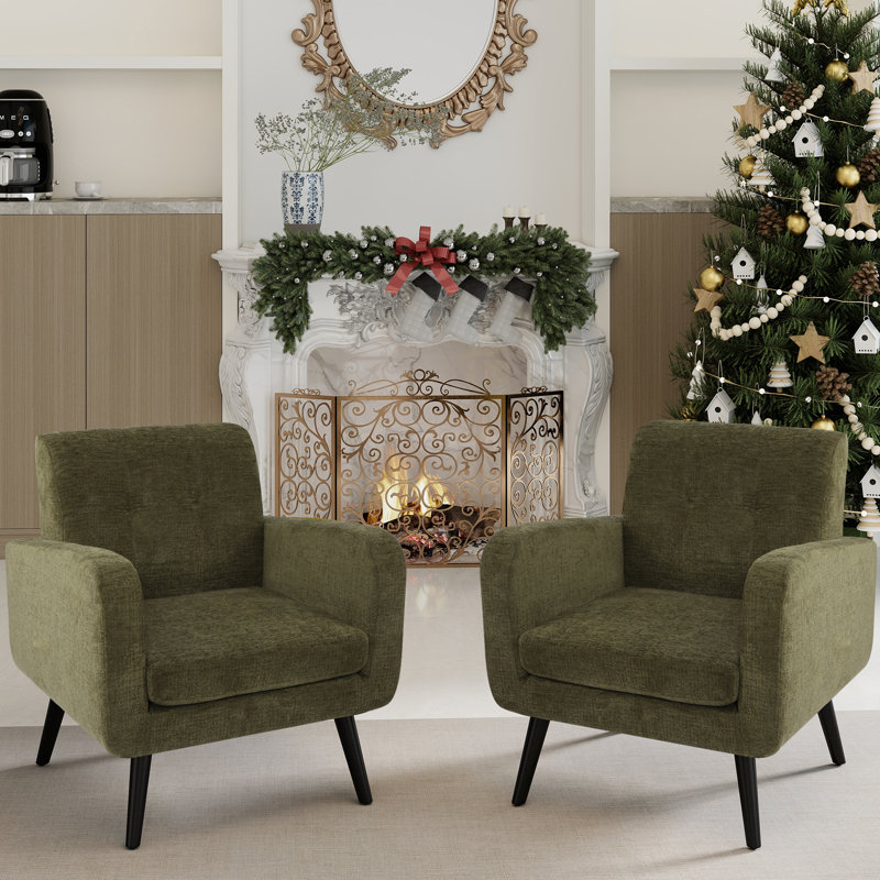  29.75" W Mid-century Fabric Upholstered And Tufted Arm Chair With Rubber Wood Legs(set Of 2), Moss Green Chenille