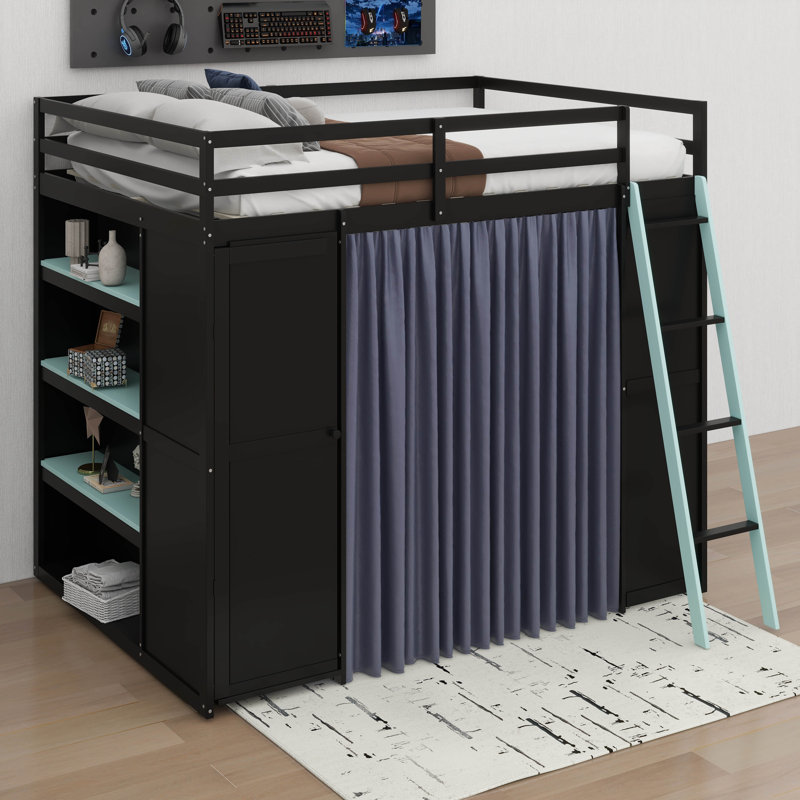 Full Size Loft Bed With Desk And 6 Storage Shelves, Wardrobe, Blackout Curtain, Black/Blue
