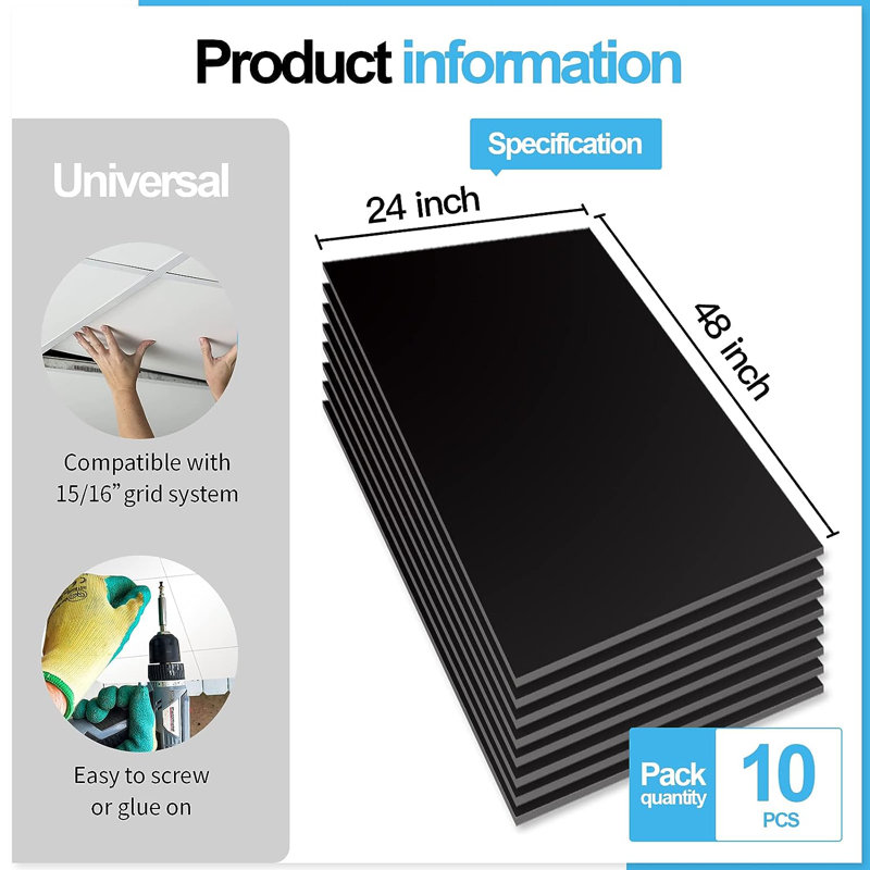 10 pièces de tuile de plafond rectangulaire en PVC 2 pi x 4 pi, panneau mural lisse (80 pieds carrés / caisse), Noir