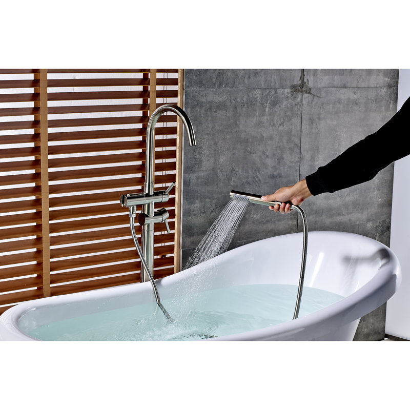 Robinet de baignoire avec douche à main, fixation au sol, robinet 1 trou, extractible à fixation classique de style antique, nickel brossé
