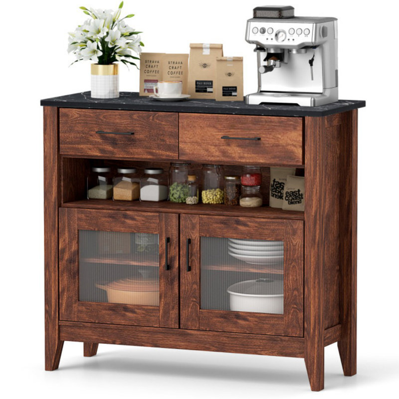 Coffee Bar Cabinet With 2 Drawers And 1 Open Compartment