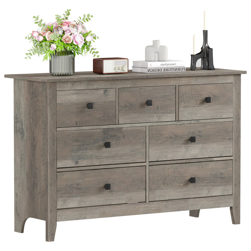 Wide 7-Drawer Farmhouse Bedroom Storage Dresser with Anti-Tip Kit, Gray