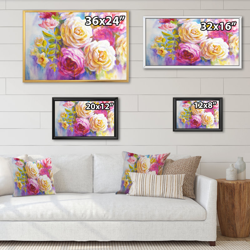 Pivoines et roses Bouquet II - reproduction sur toile, H 12 po x l 20 po x P 1 po, Cadre flottant noir