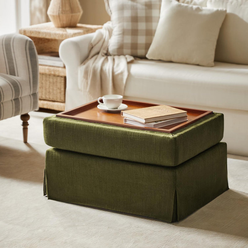 Repose-pieds rembourré avec rangement et plateau rabattable Lessman Farmhouse, Moss Polyester Blend