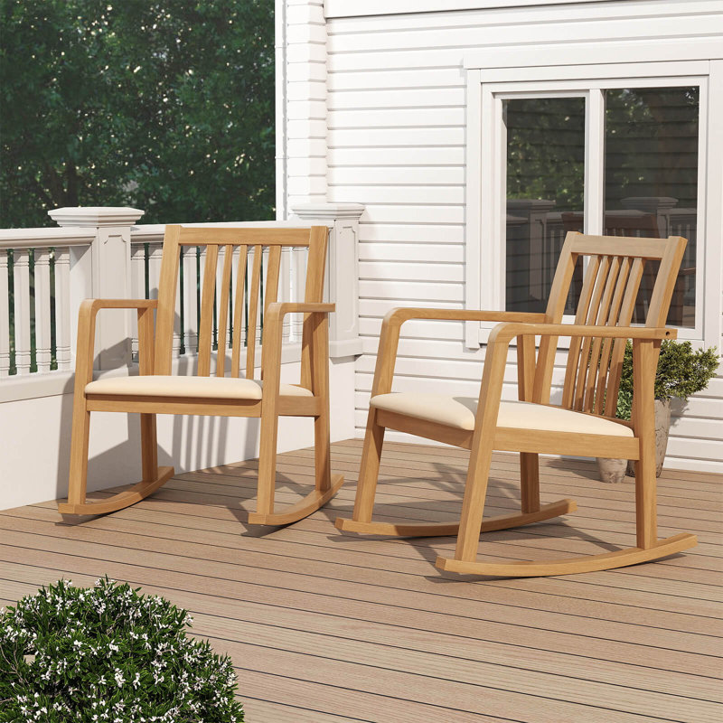 1 chaise berçante PCS avec assise rembourrée, dossier à lattes et accoudoirs courbés pour le salon, Naturel, Beige