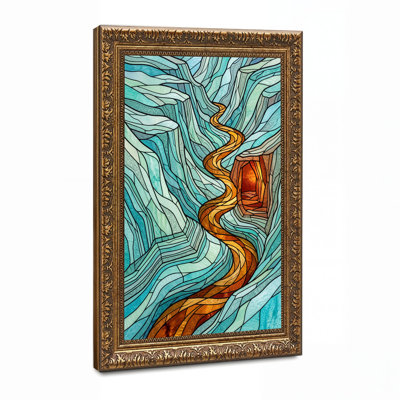 Blue Mountain Canyon Winding Orange River Stained Glass Canvas Wall Art