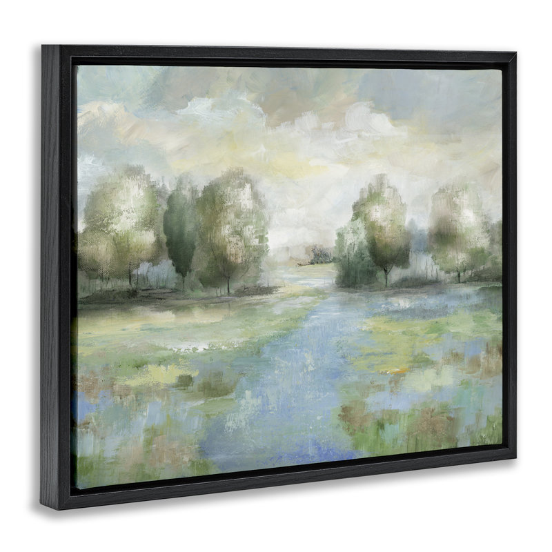 Art abstrait sur toile, "Meadow", par Nan, Cadre flottant noir de jais, H 17 po x l 21 po