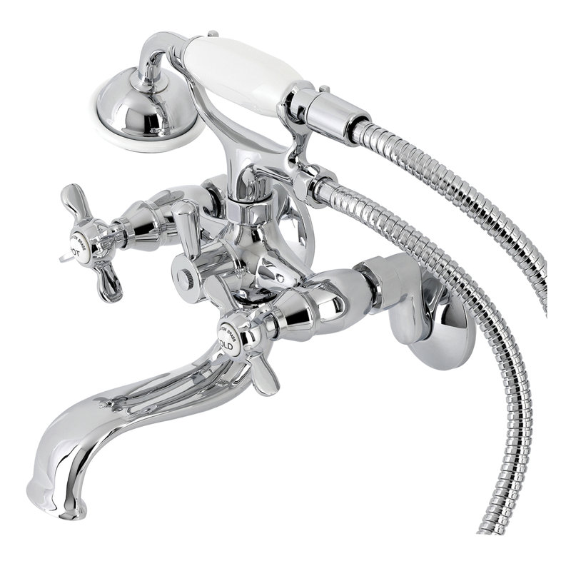 Kingston Brass Essex Three-Handle 2-Hole Tub Wall Mount Clawfoot Tub Faucet with Handshower, Polished Chrome