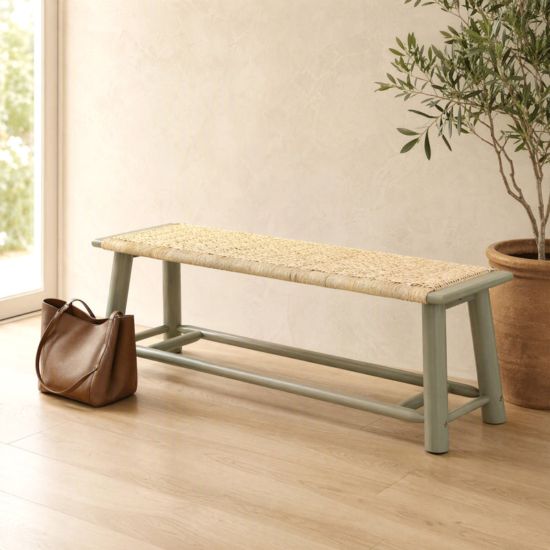 Banc de ferme en rotin massif de 150 cm (59 po), banc d'entrée/salle à manger intérieur/extérieur avec assise tressée, finition pour porche, chambre et salon