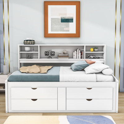 Pirley Wood Full Daybed with 2 Bedside Cabinets, Upper Shelves and 4 Drawers