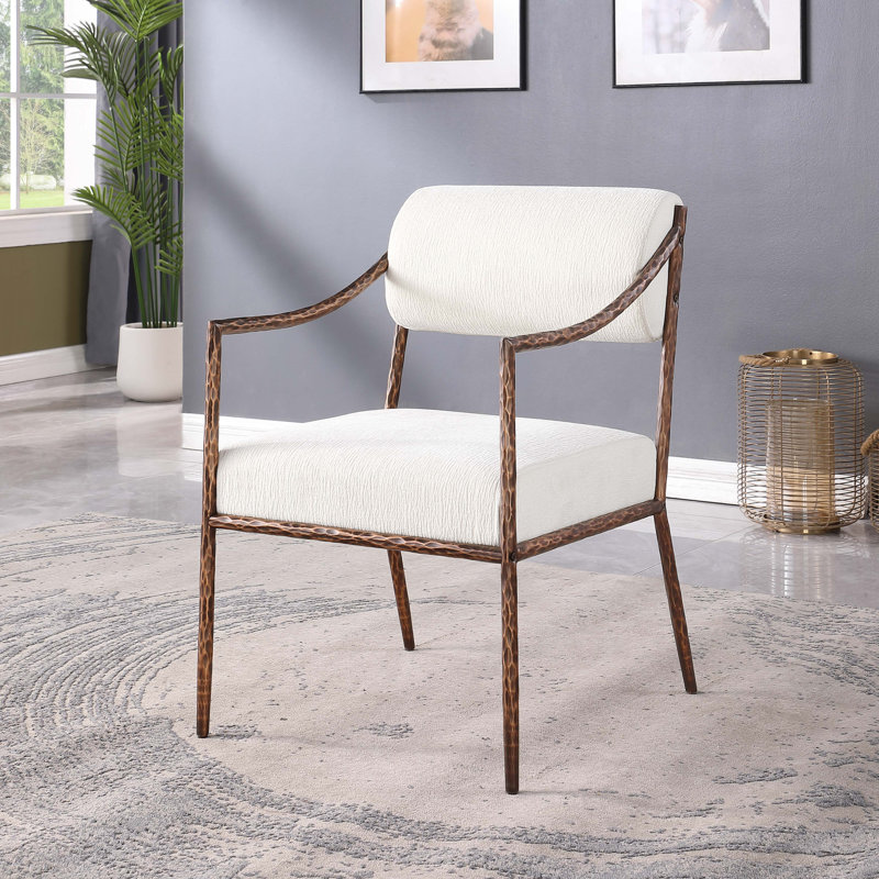 Chaise de salle à manger rembourrée Bastille, Tissu chenille crème, Bronze brossé