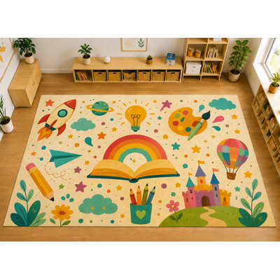 Tapis « Ultra Fin » 152 x 213 cm, motif livre d'histoires arc-en-ciel, tapis d'intérieur doux à poils courts avec envers antidérapant en silicone, idéal pour la chambre d'enfant et la salle de jeux, couleur ivoire.