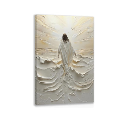Framed Jesus Wall Art, White Christian Wall Decor, Jesus Walking On Water Poster Prints, Minimalist Christian Biblical Wrapped Canvas Artwork for Church Prayer Room Hospitals 12"x16"