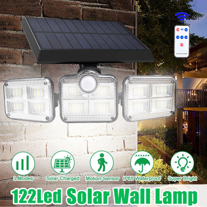 Solar 3 Heads Motion Sensor Wall Light With 3 Lighting Modes For Yard Porch Garage