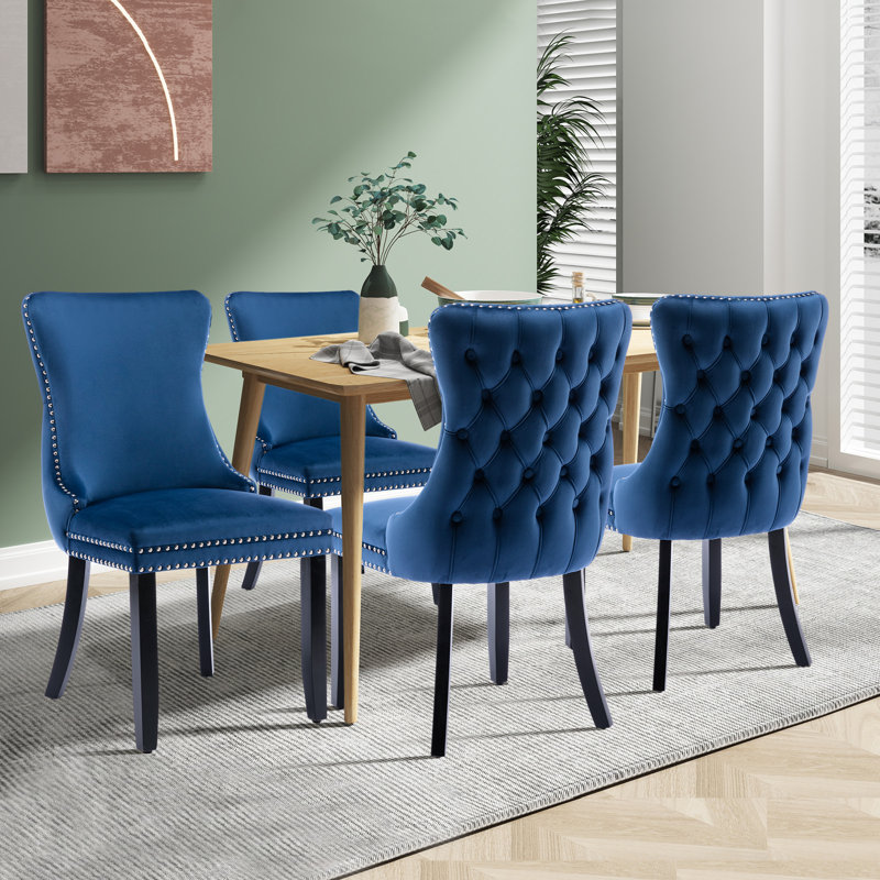 Ensemble de 4 chaises de salle à manger en velours capitonné cloutées en bois massif, Marine
