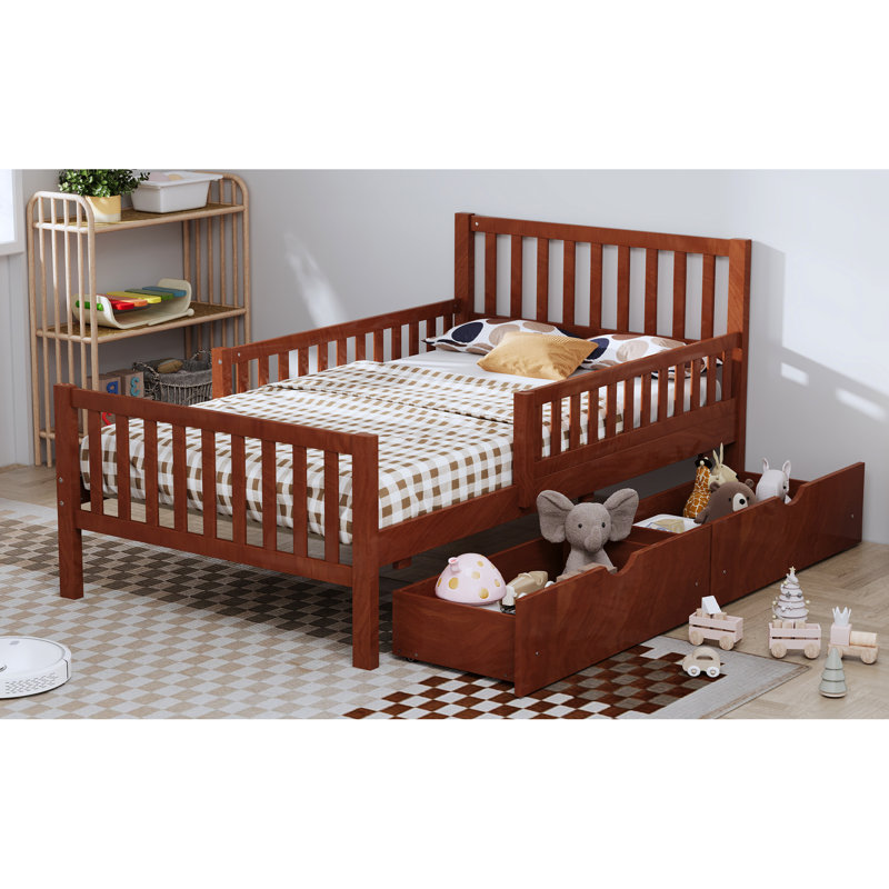 Lit simple, noyer, lit plateforme en bois, garde-corps, tiroirs de rangement, tête de lit droite, bois de pin massif, 8 supports uniformément espacés, tête de lit à solution d'optimisation d'espace, option