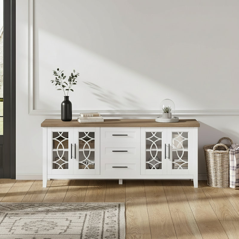 TV Stand for 65 inch TV, Entertainment Center with Glass Door, 3 Drawers & Adjustable Shelves, White/Brown