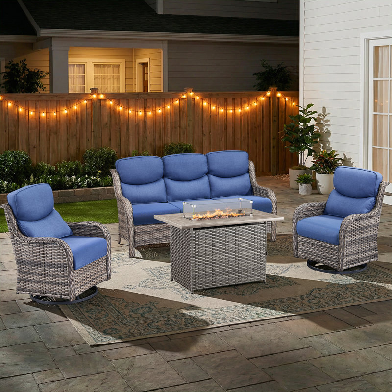 Anner 4-Piece Wicker Rattan Patio Conversation Set With Rectangle Fire Pit Table And Swivel Gliders, Gray, Blue