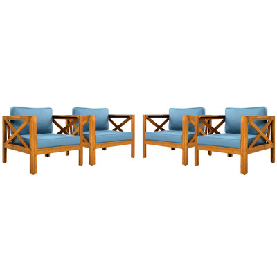De 4 fauteuils club d'extérieur en bois avec coussins en tissu imperméables bleus, convenant à la vie, à la finition et à l'environnement