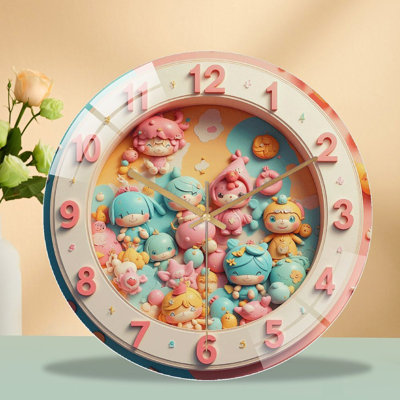 Cute Decorative Clock with Colorful Character Dolls Art - 12'' Modern Glass Wall Clock
