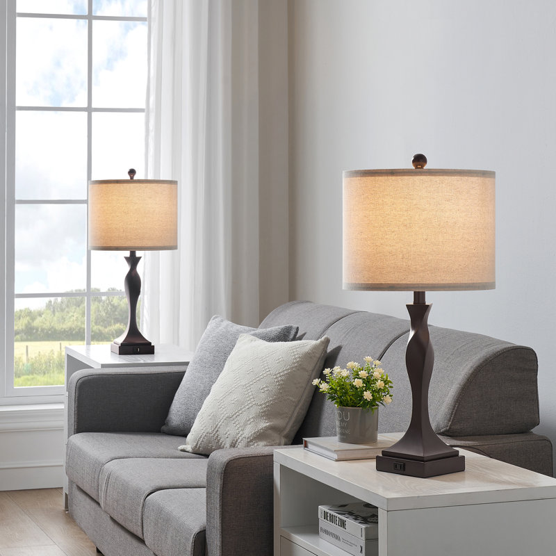 Idolina 25.62" USB Bedside Table Lamp Set with Bulbs, Bronze