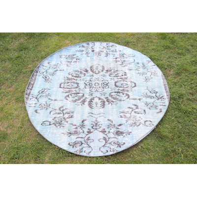 Vintage Turkish Oushak Rug in Blue with Round Shape and Colorful Patterns for Entryway